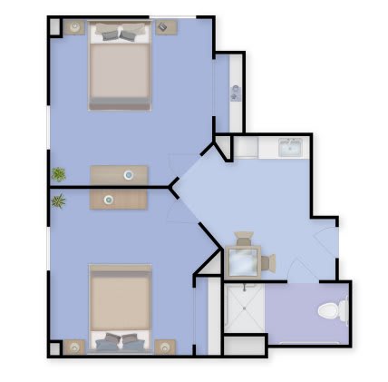 A simple floor plan of an apartment with two bedrooms, a bathroom, and a kitchen area.