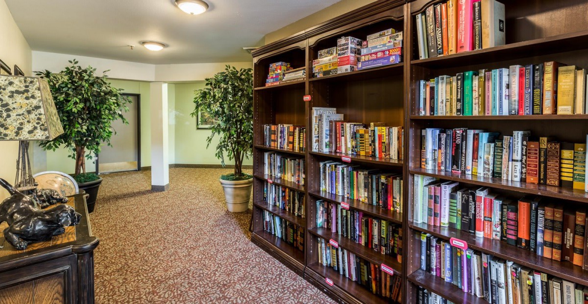 A cozy indoor library area featuring a bookshelf filled with books and board games.