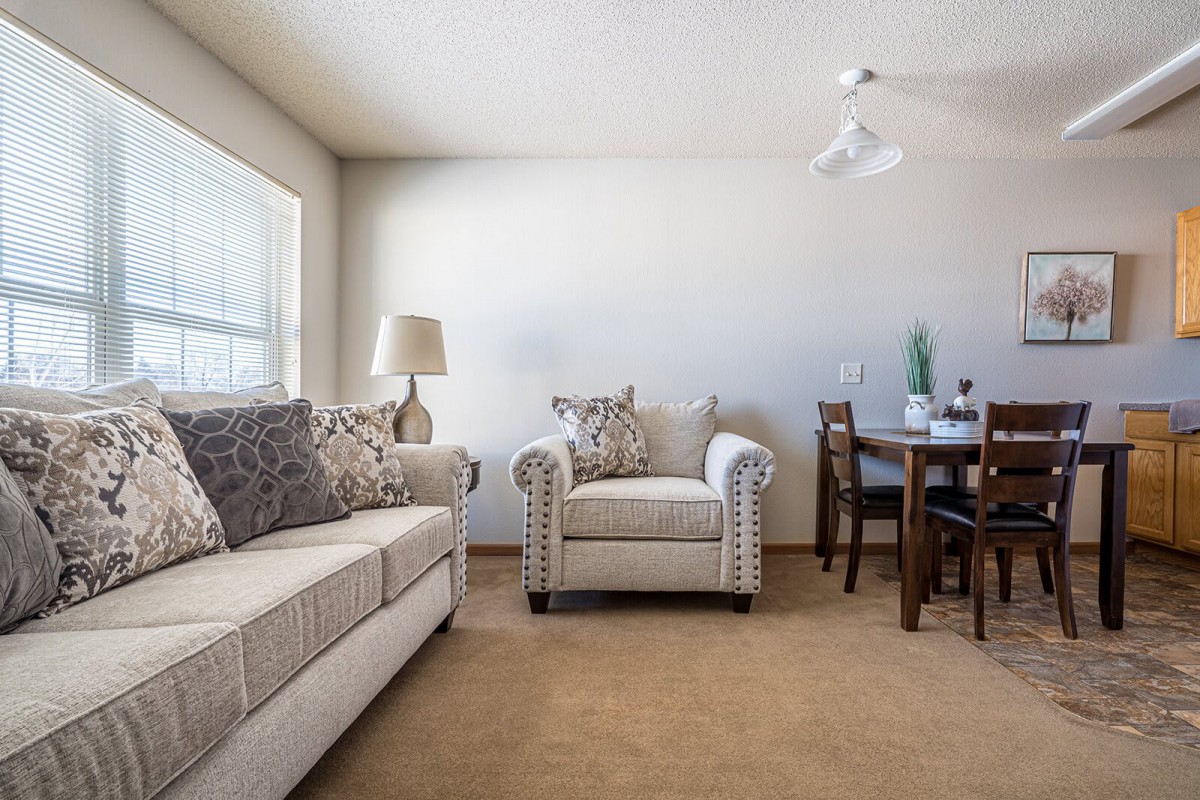 A cozy living room with a comfortable sofa and armchair next to a dining area.