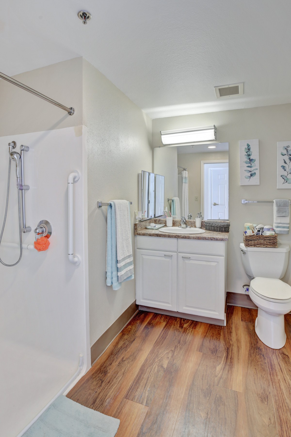 A modern bathroom with a shower, toilet, and vanity sink area featuring wood flooring.