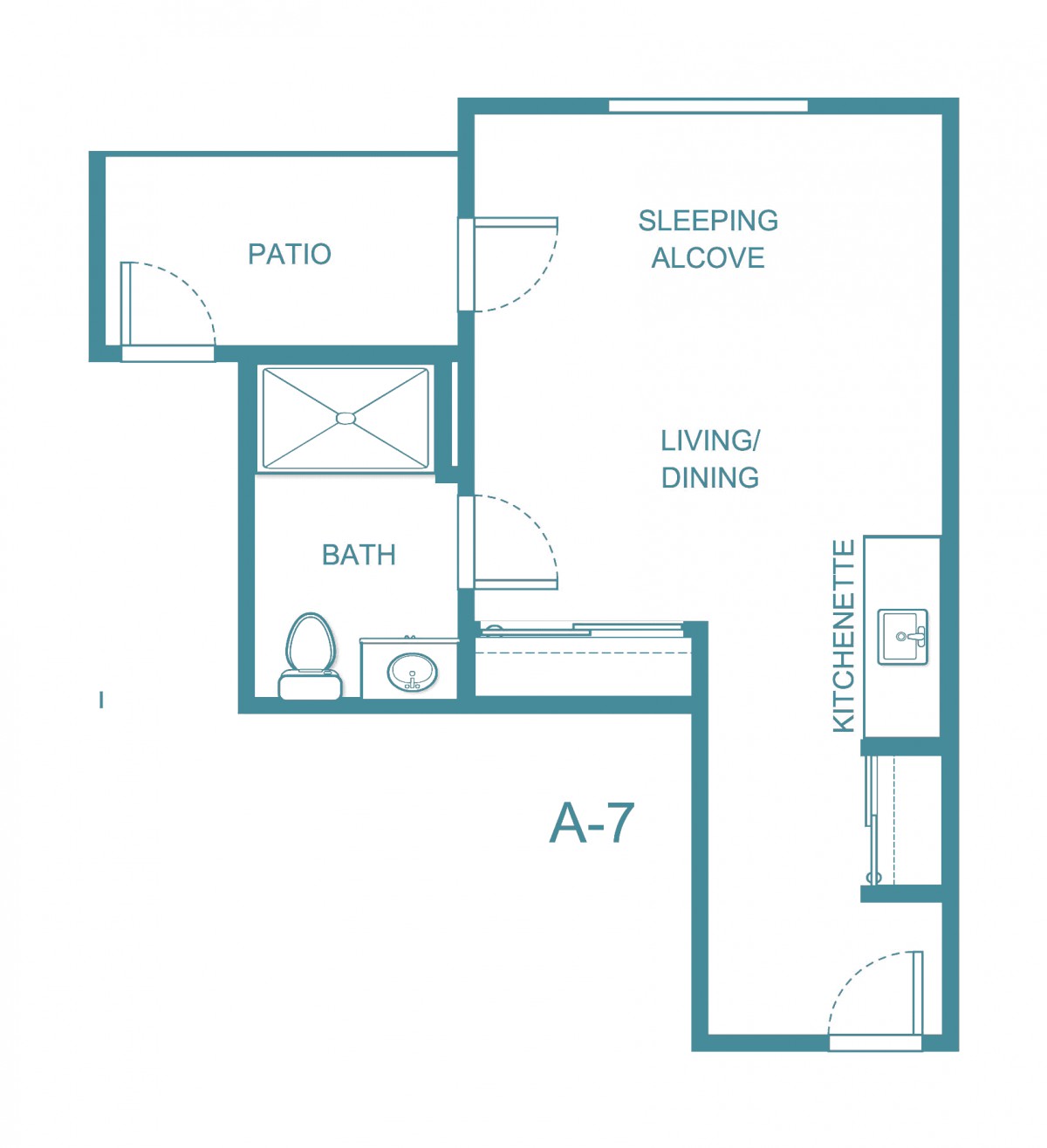 Blueprint of a studio apartment with a living/dining area, sleeping alcove, kitchen, bathroom, and patio.