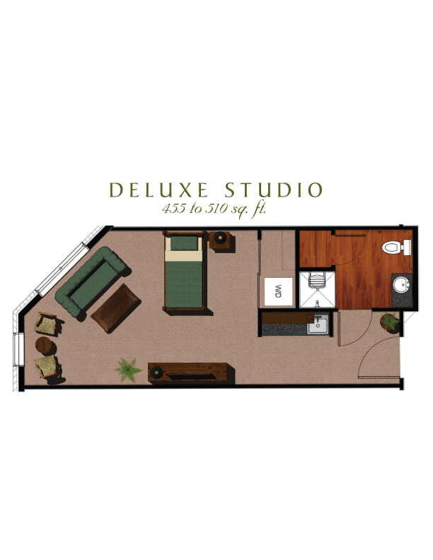 Floor plan of a deluxe studio apartment measuring 485 to 500 square feet.