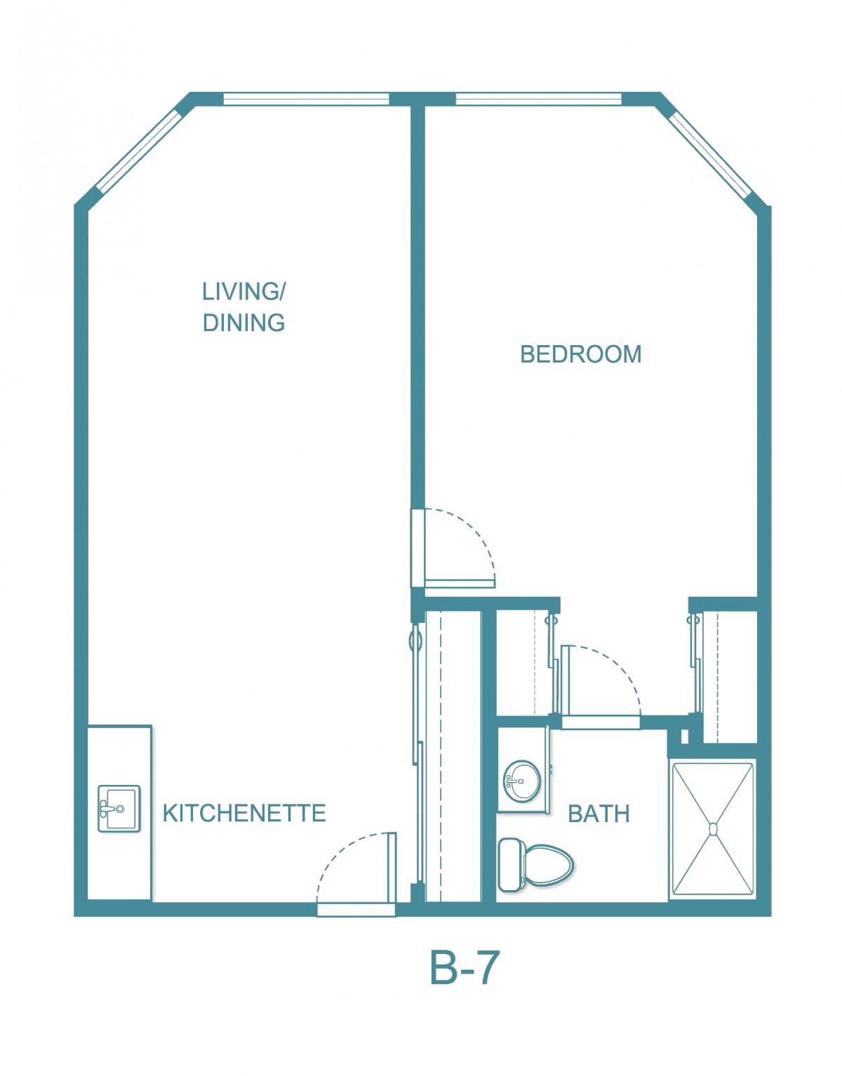 A simple floor plan of a studio apartment with designated areas for living, dining, kitchenette, restroom, and bath.