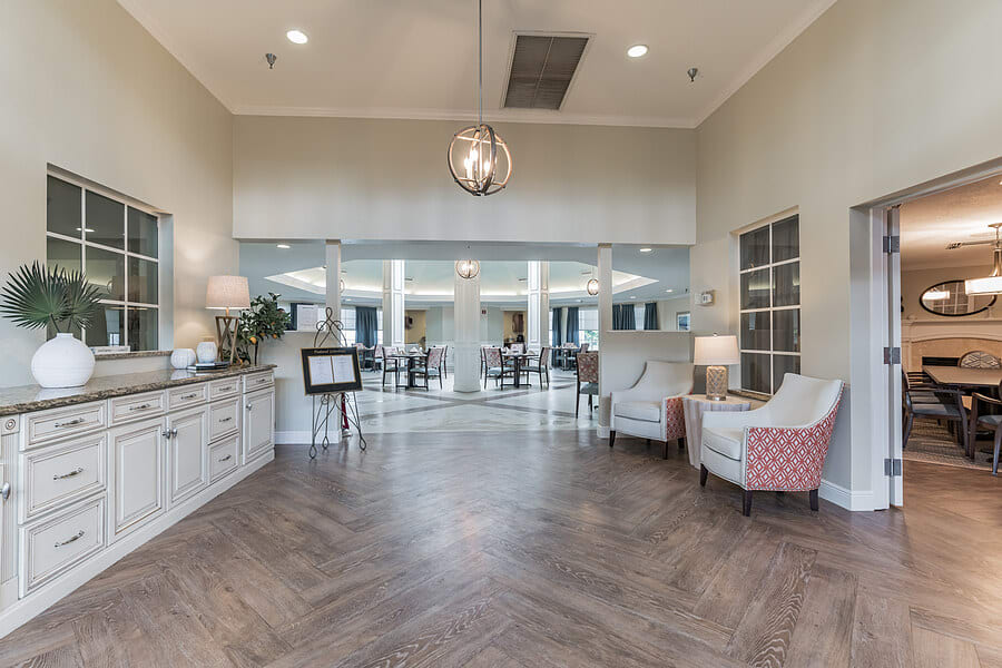 A modern lobby with stylish furnishings and elegant lighting.