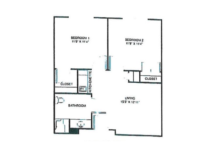 A floor plan of a two-bedroom apartment layout.