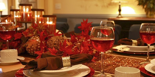 A beautifully arranged dining table with autumn-themed decorations and a glass of wine, set for an evening meal.