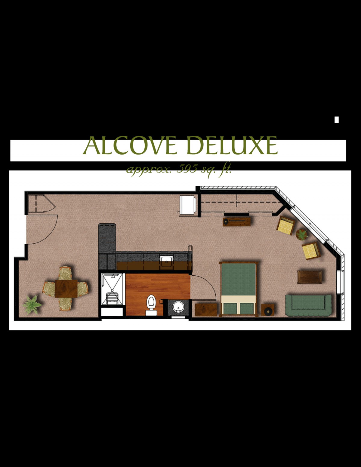 Floor plan of an alcove deluxe apartment layout.