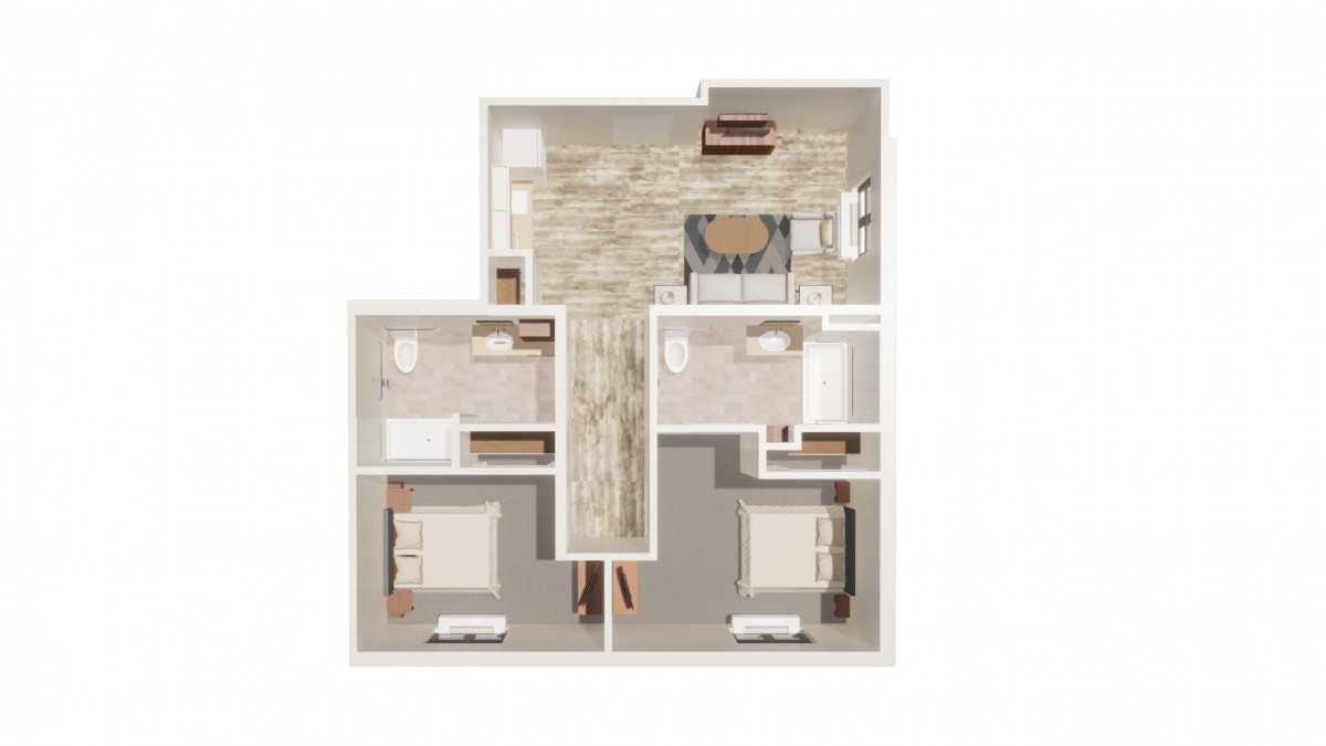 A 3D rendered floor plan of an apartment featuring multiple rooms, including bedrooms, a living area, and bathrooms.