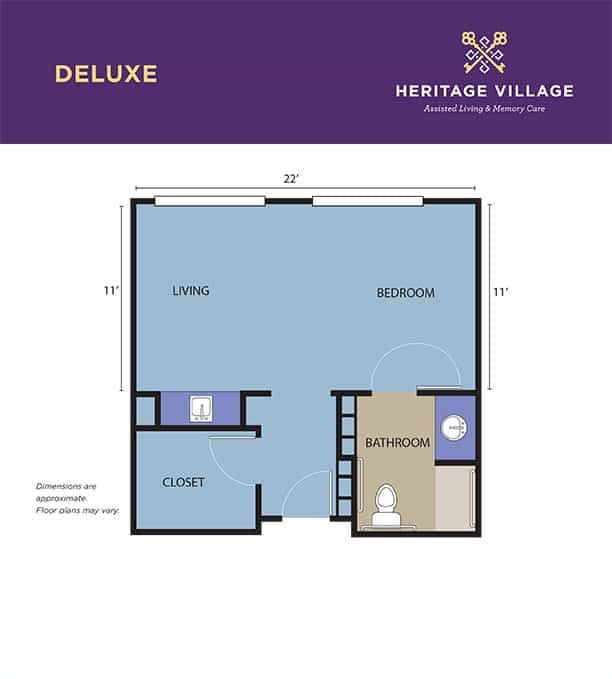 Floor plan of a Deluxe apartment at Heritage Village.