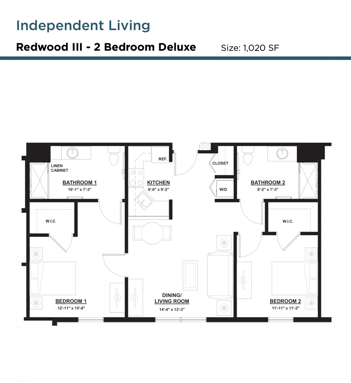 Floor plan of Redwood III - 2 Bedroom Deluxe, size: 1000 SF.