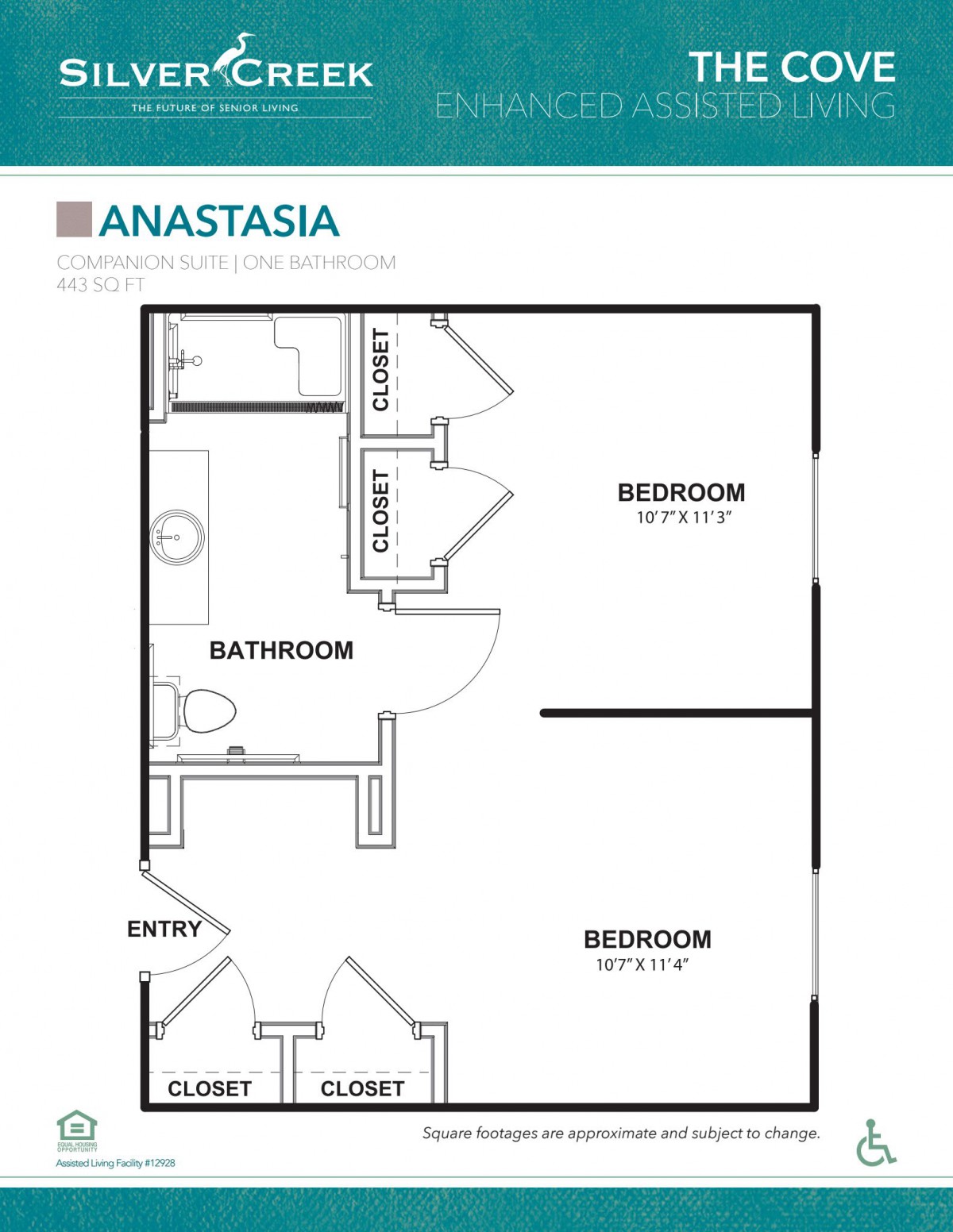 A blueprint of the Anastasia apartment layout featuring two bedrooms and a bathroom.