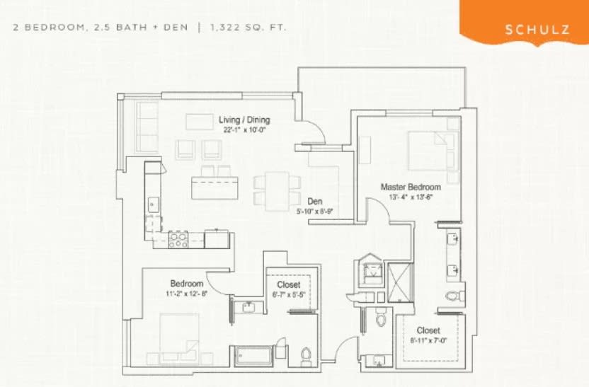 A detailed floor plan of a two-bedroom apartment with dimensions.