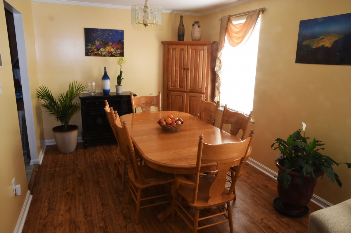A cozy dining room with wooden furniture and decorative plants.