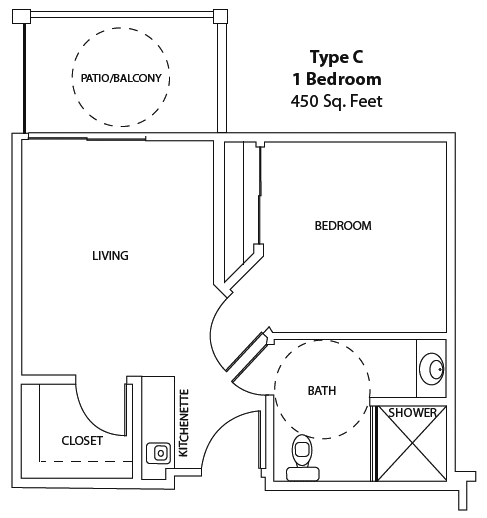 A floor plan of a Type C one-bedroom apartment, covering 450 square feet.