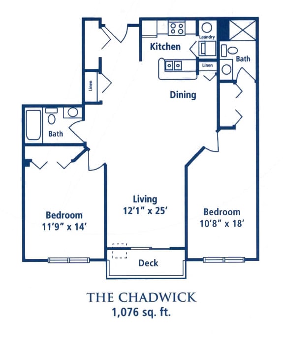 The Chadwick apartment floor plan showing a two-bedroom, two-bathroom layout with living, dining, and kitchen areas.