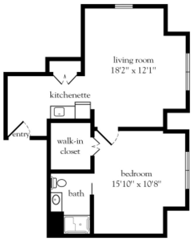 A floor plan of an apartment featuring a living room, kitchenette, bedroom, bathroom, and walk-in closet.