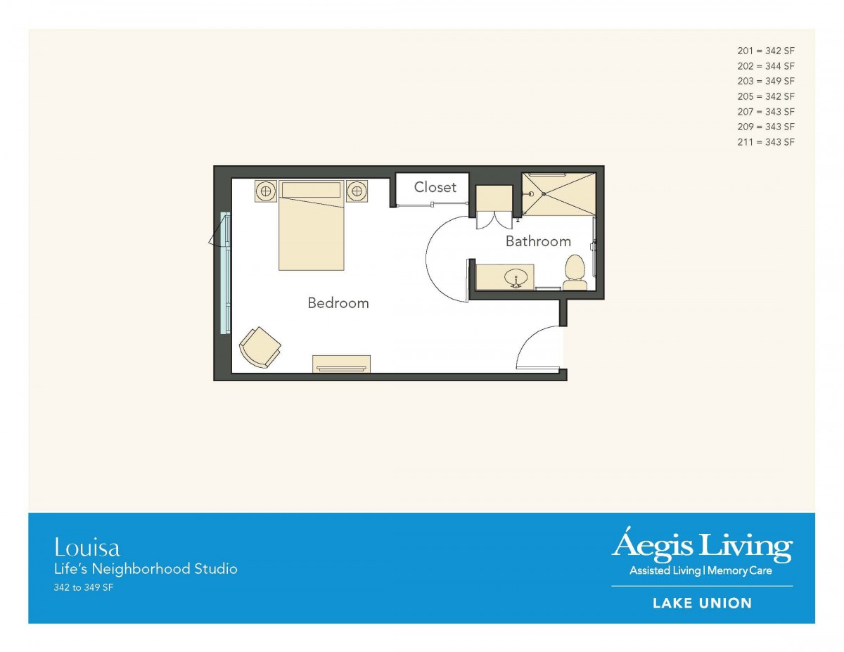 A studio apartment floor plan with a bedroom, bathroom, and closet.