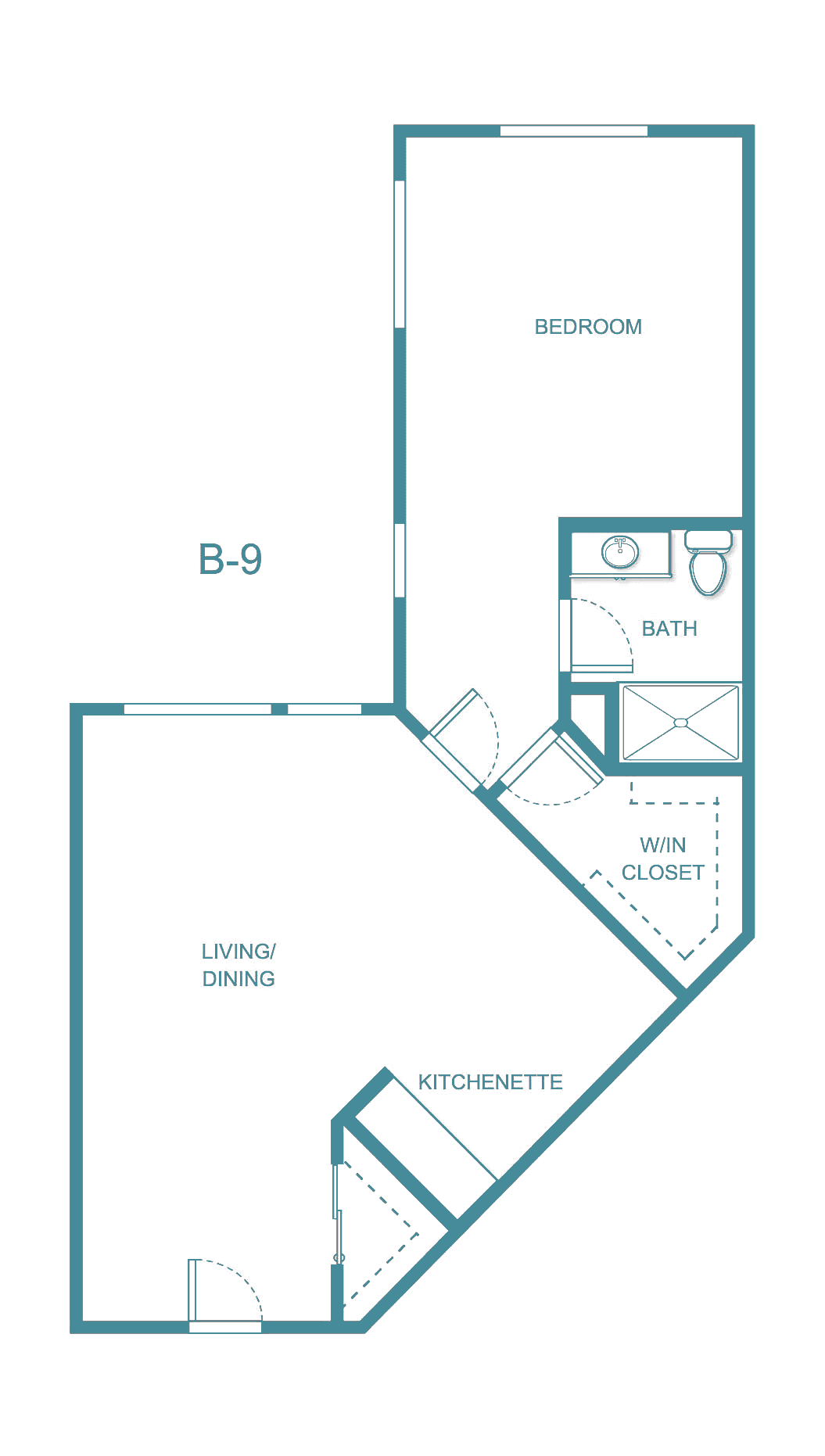A blueprint-style floor plan of an apartment featuring a bedroom, bathroom, kitchen/dining area, and living room.