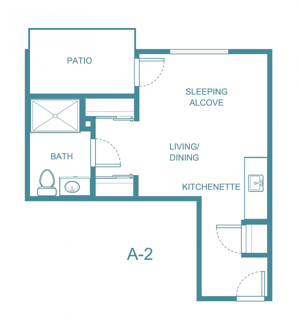 Floor plan of a studio apartment with a kitchenette, living/dining area, sleeping alcove, bath, and patio.