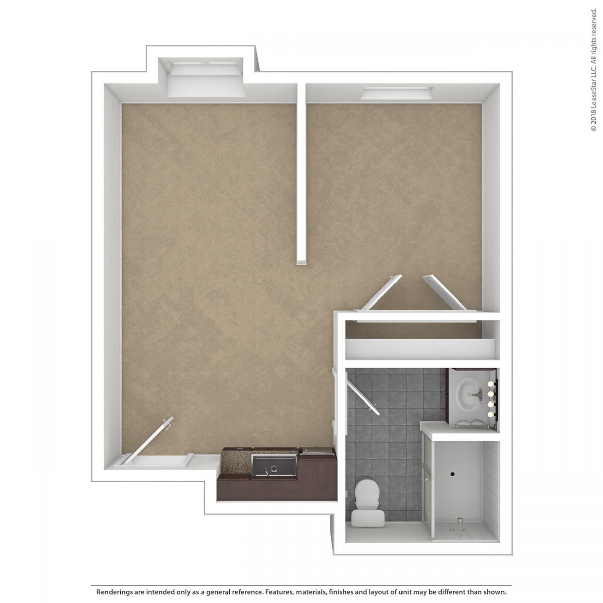 A studio apartment floor plan showing a single room with an adjoining bathroom and kitchen area.