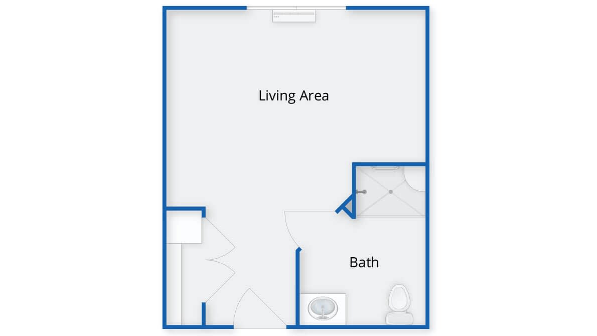 A floor plan layout of a studio apartment featuring a living area and a bathroom.
