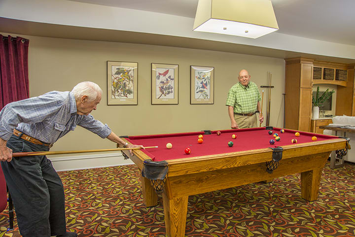 Two seniors enjoying a game of billiards on a red pool table in a cozy room.