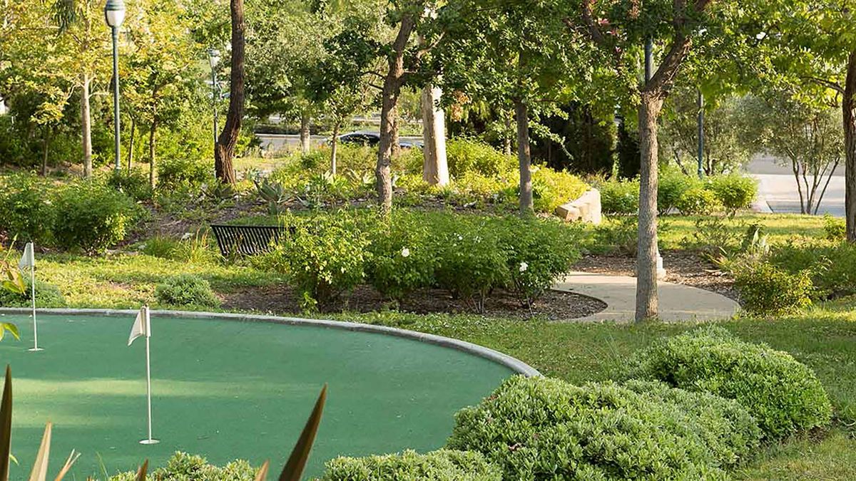 A serene garden with lush greenery and a winding pathway.