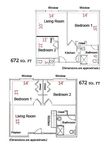 A blueprint showing the layout of a 672 square foot, two-bedroom apartment with bathroom and living area.