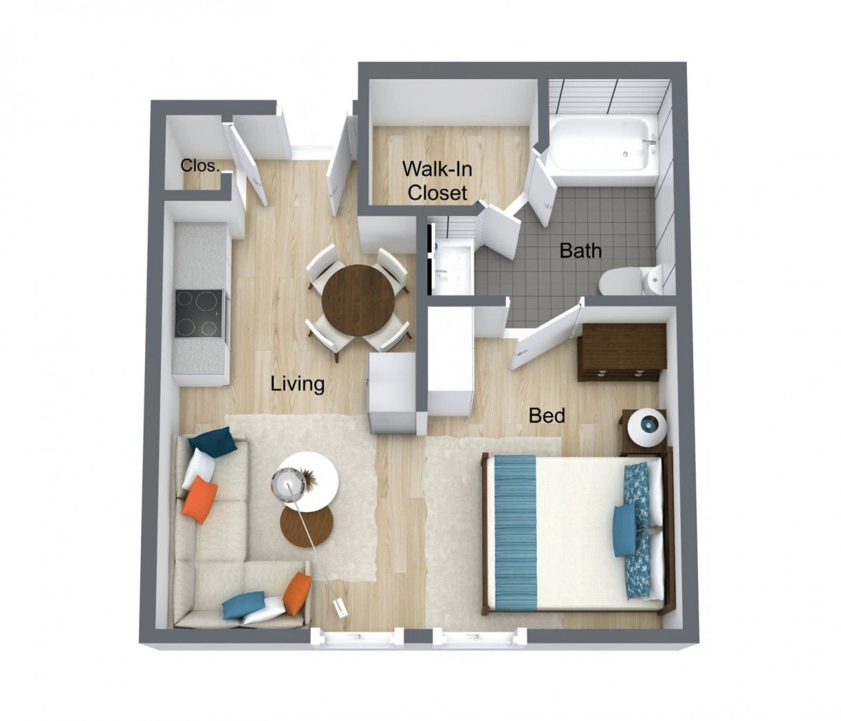 A compact one-bedroom apartment floor plan featuring a living area, kitchen, bathroom, and walk-in closet.