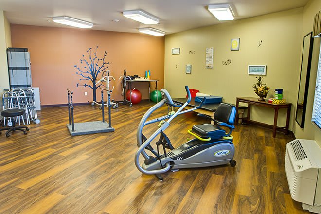 A small workout room featuring exercise equipment and a serene atmosphere.