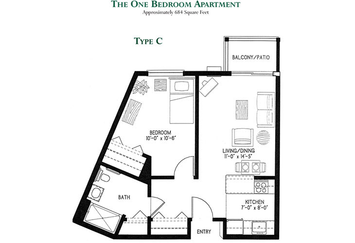Floor plan of a one-bedroom apartment with labeled rooms and dimensions.