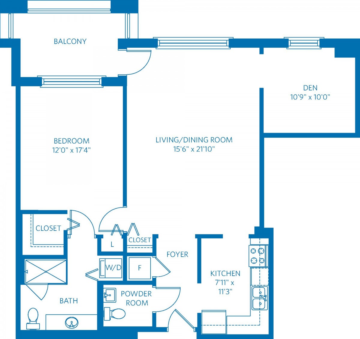 A detailed floor plan of a one-bedroom apartment, featuring a living/dining area, kitchen, bathroom, and balcony.