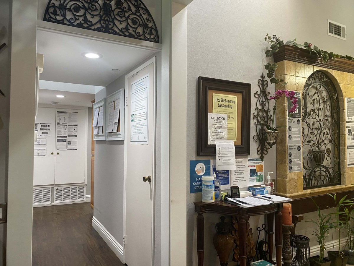 A cozy waiting area with brochures and a framed certificate on display, complemented by decorative plants.