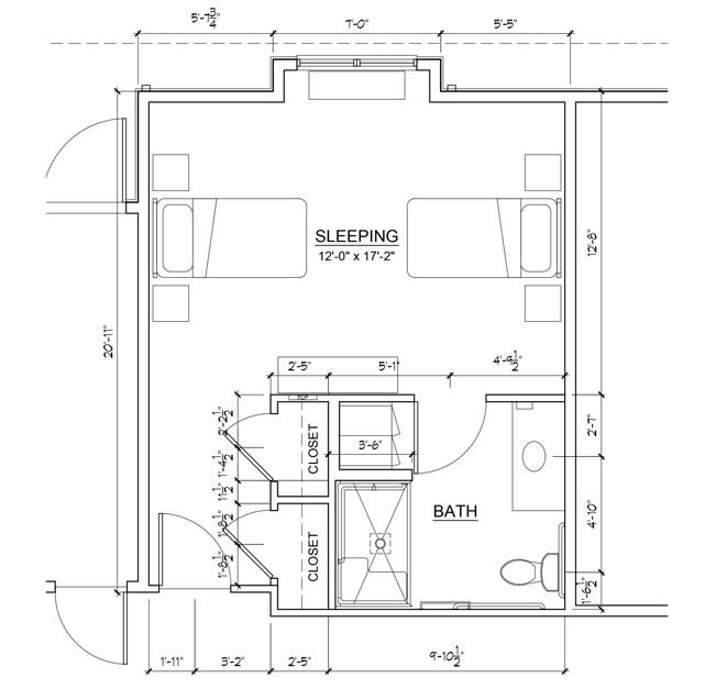 Technical floor plan showing the layout of a bedroom and bathroom.