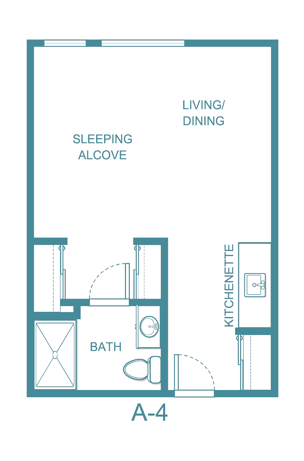 A floor plan of a studio apartment featuring a sleeping alcove, living/dining area, kitchenette, and bathroom.