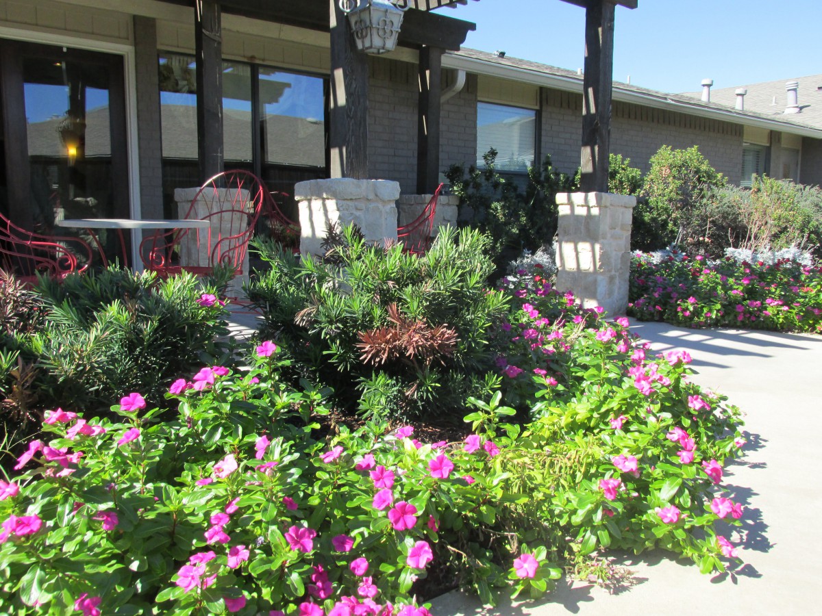 A beautifully landscaped garden with vibrant pink flowers in front of a house.