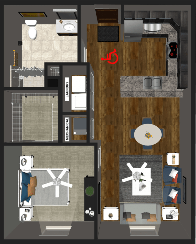 An apartment floor plan showing the layout of a bedroom, living room, kitchen, and bathroom.