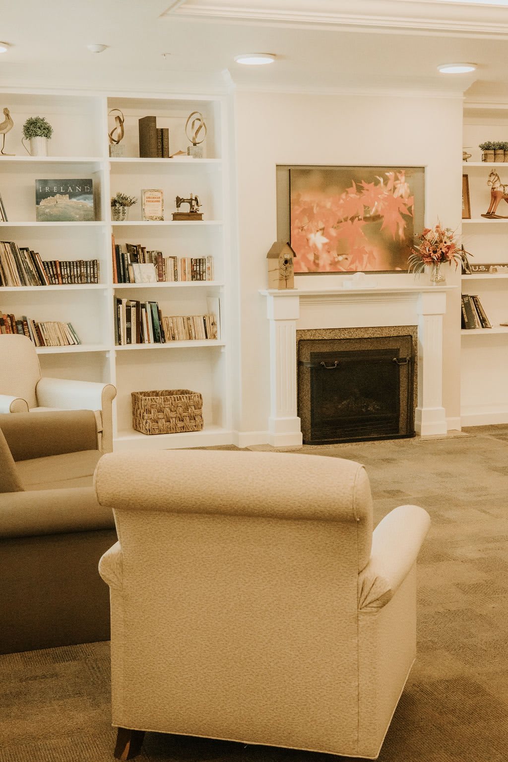 A cozy living room with armchairs, a fireplace, and bookshelves filled with books.