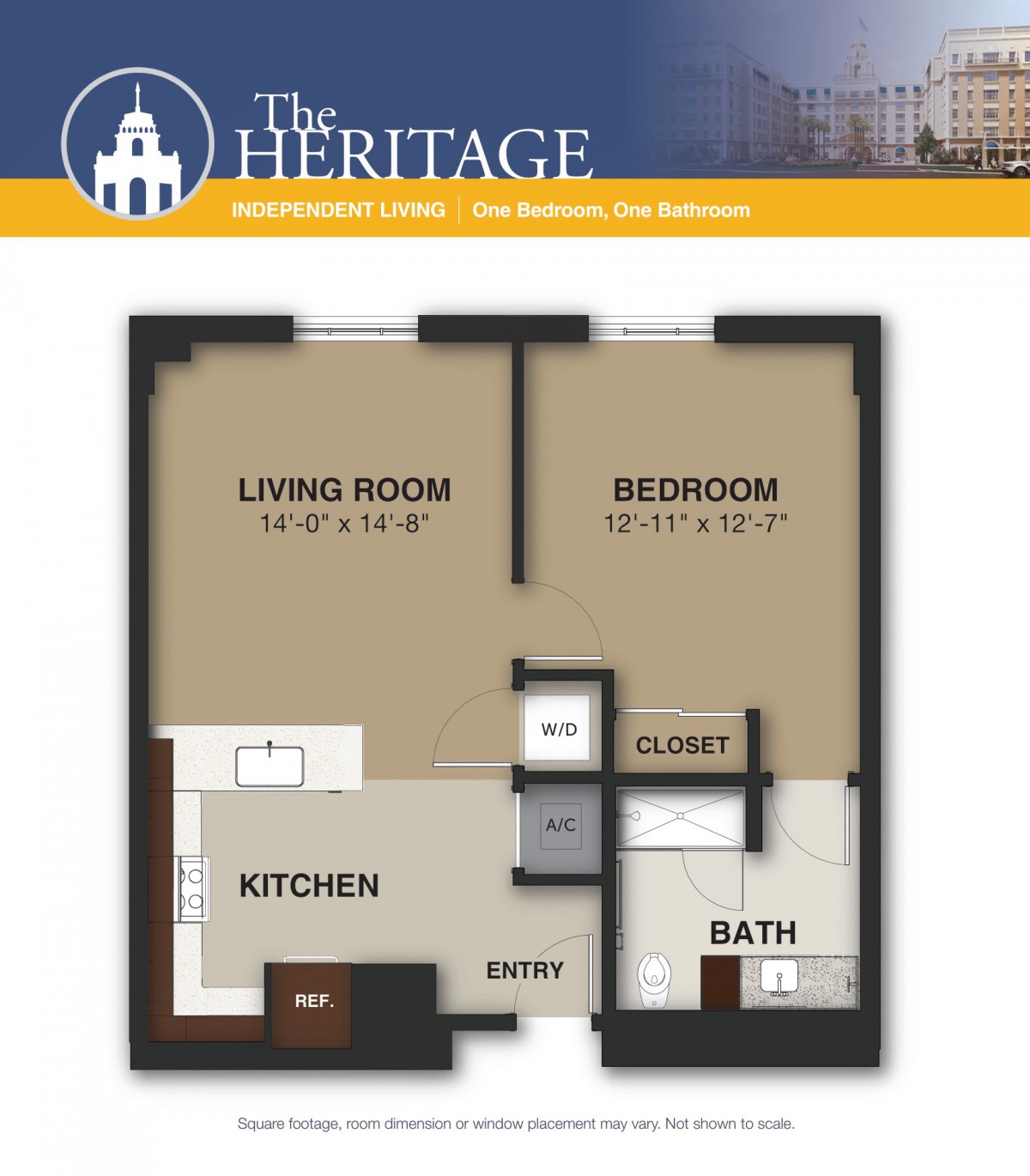 Floor plan of a one-bedroom apartment with a living room, kitchen, bathroom, and closet.