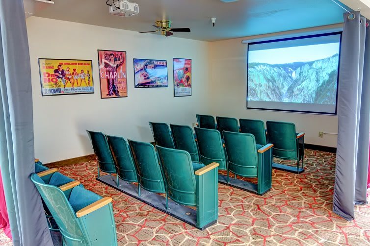 A cozy home theater setup with rows of seats, a projector screen, and movie posters on the wall.