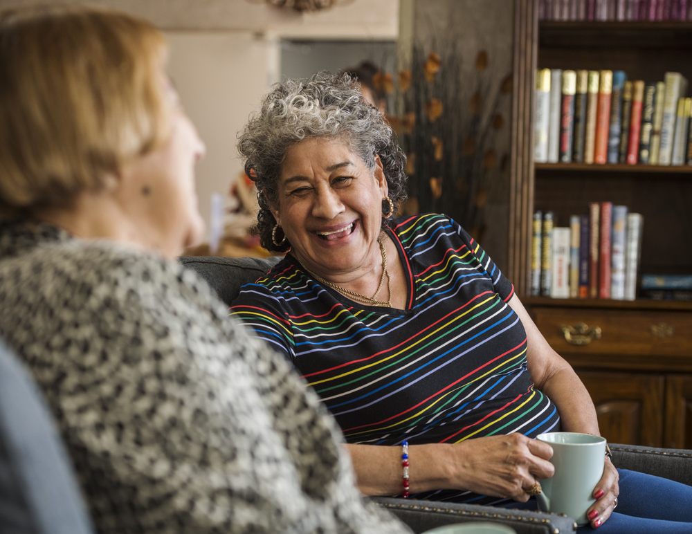 Two elderly women enjoying a conversation with smiles in a cozy living room.