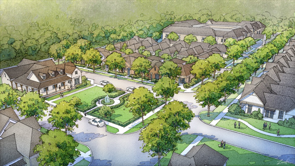 An illustrated aerial view of a suburban neighborhood with tree-lined streets and houses.