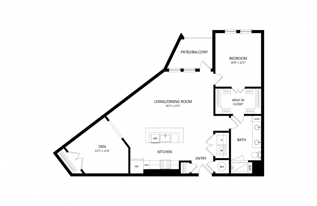 A floor plan of an apartment featuring a kitchen, living/dining area, bedroom, and a den.