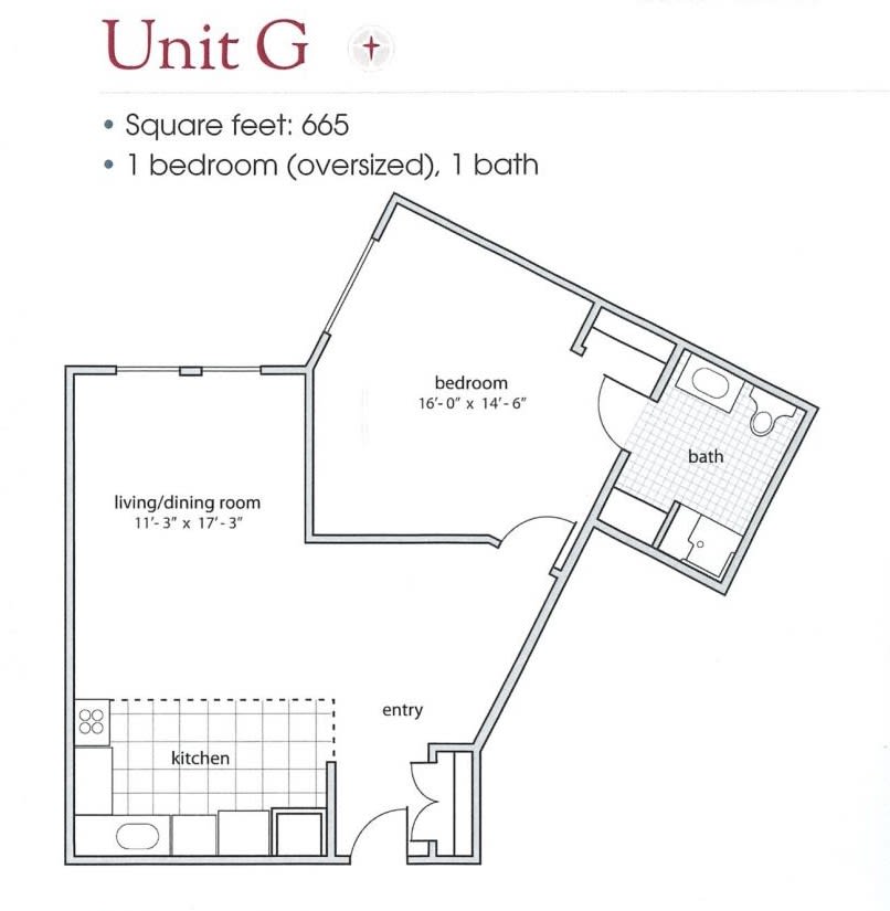This is a floor plan for Unit G, featuring a 1-bedroom, 1-bathroom apartment with a total area of 695 square feet.