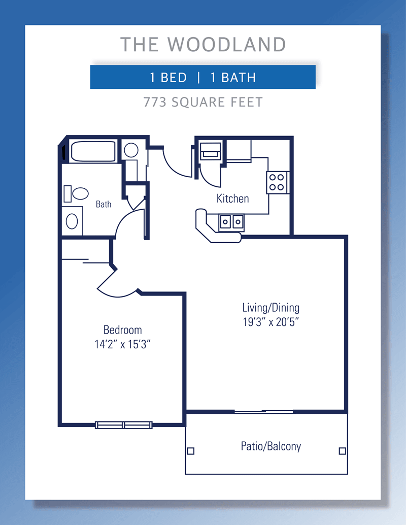 A 1-bedroom, 1-bathroom apartment floor plan with a kitchen, living/dining area, and patio/balcony.