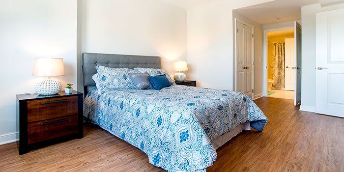A cozy bedroom with a neatly made bed featuring blue patterned bedding and pillows, accompanied by bedside lamps.