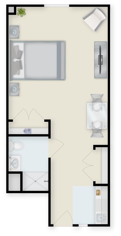 A small apartment floor plan featuring a bedroom, kitchen, living area, and bathroom.