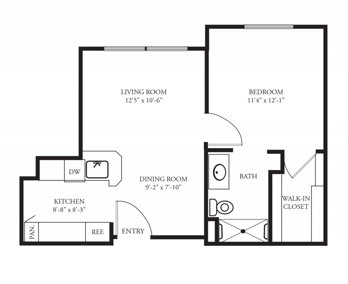 One-bedroom apartment floor plan with living room, kitchen, dining room, and bathroom.