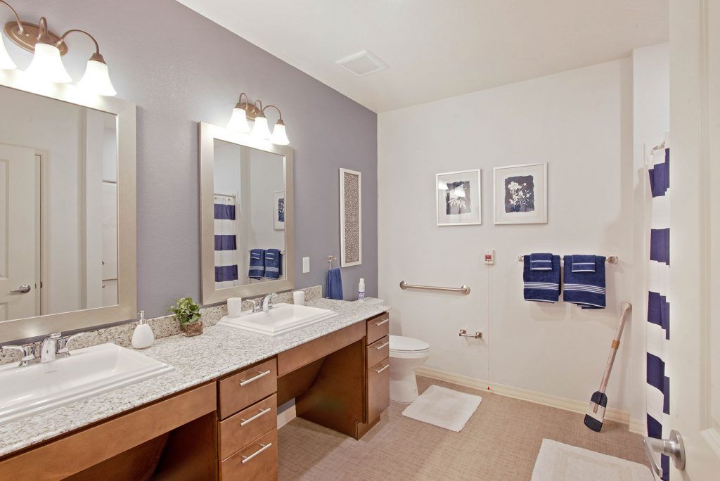 A modern bathroom with a double vanity and decorative elements.