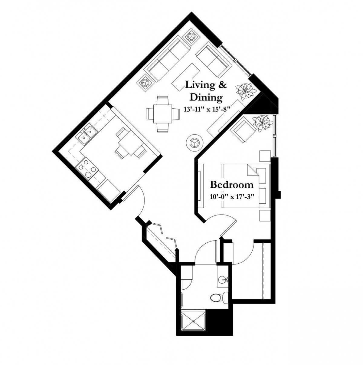 An apartment floor plan showing a living and dining area, bedroom, and bathroom.
